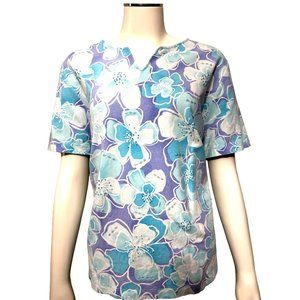 Alfred Dunner Floral Purple & Blue Short Sleeve Cotton Blouse Size PXL